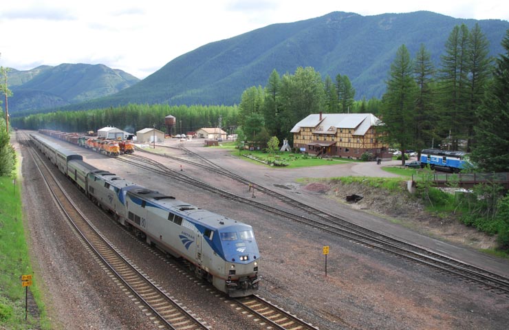 Eastbound Empire Builder passes the Izaak Walton Inn